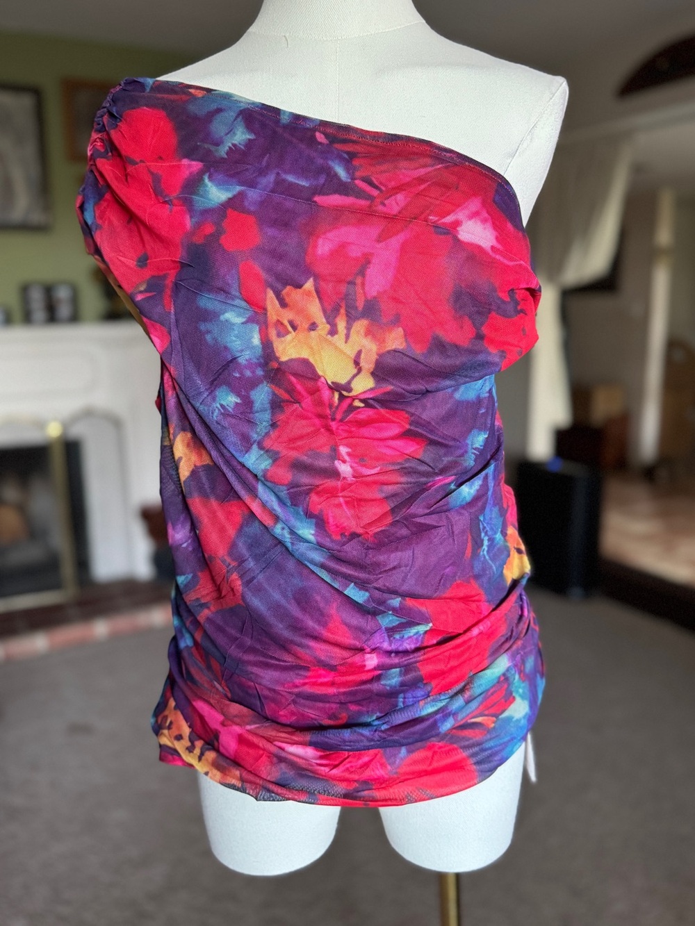 PRETTYGARDEN Women’s XXL Floral Mesh Top Off Shoulder Ruched Multicolor New